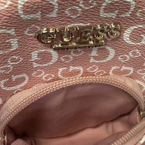 GUESS Mini Backpack Pink Logo Print Faux Leather with a Gold Tone Chain Strap - Picture 7 of 8